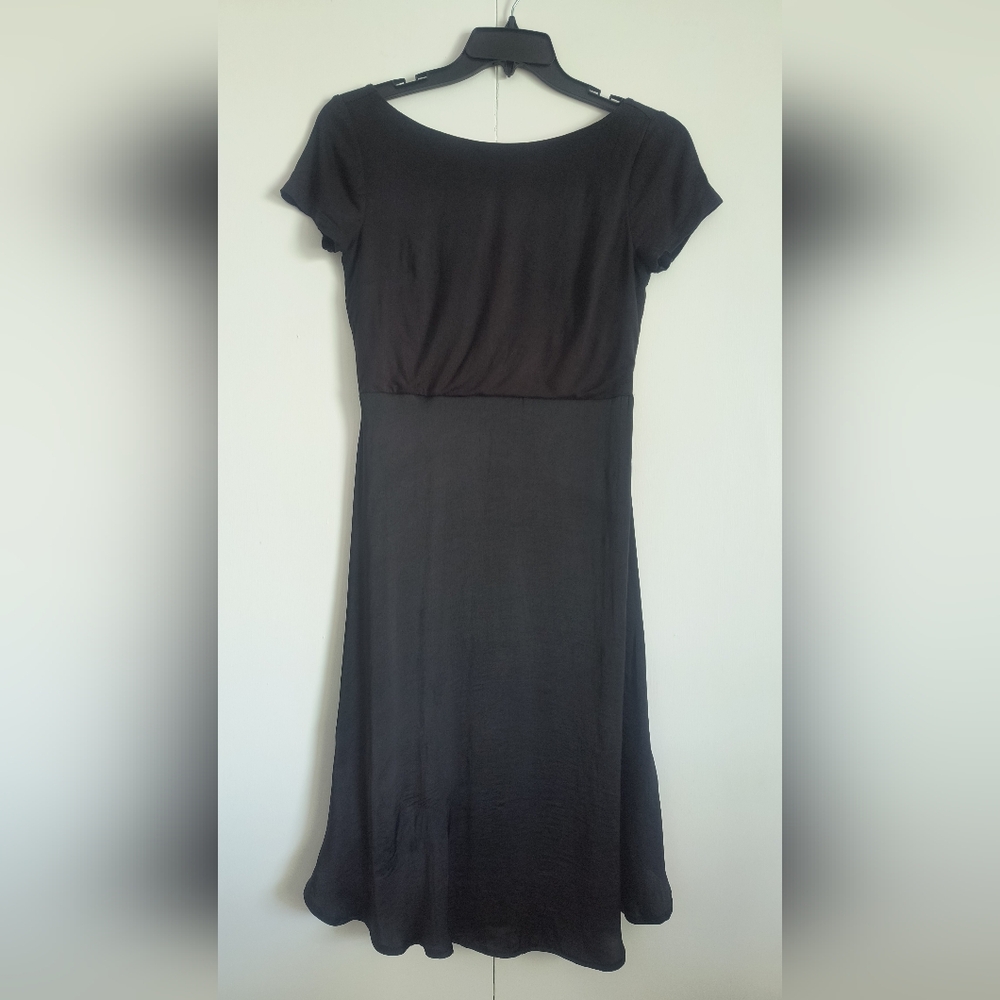 LOFT Black Midi Satin Fit and Flare Flowy Dress 4